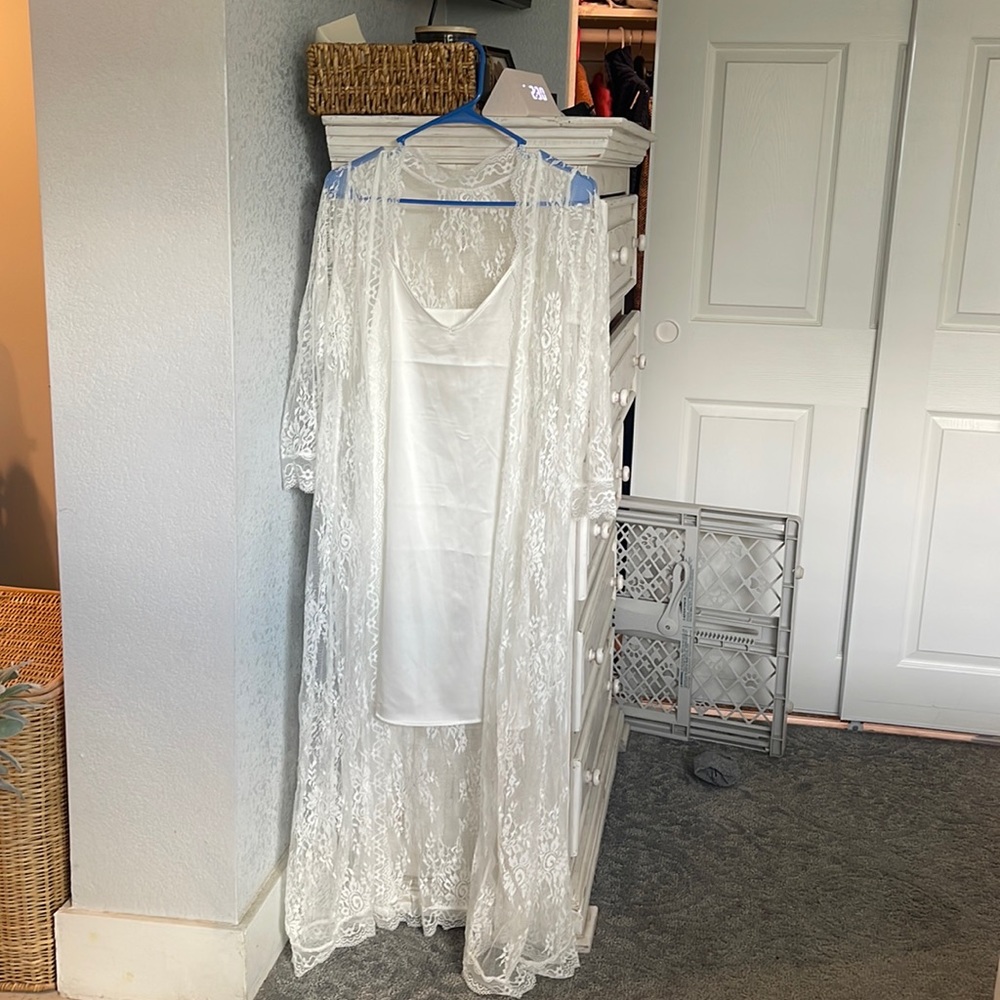 White slip dress and lace robe